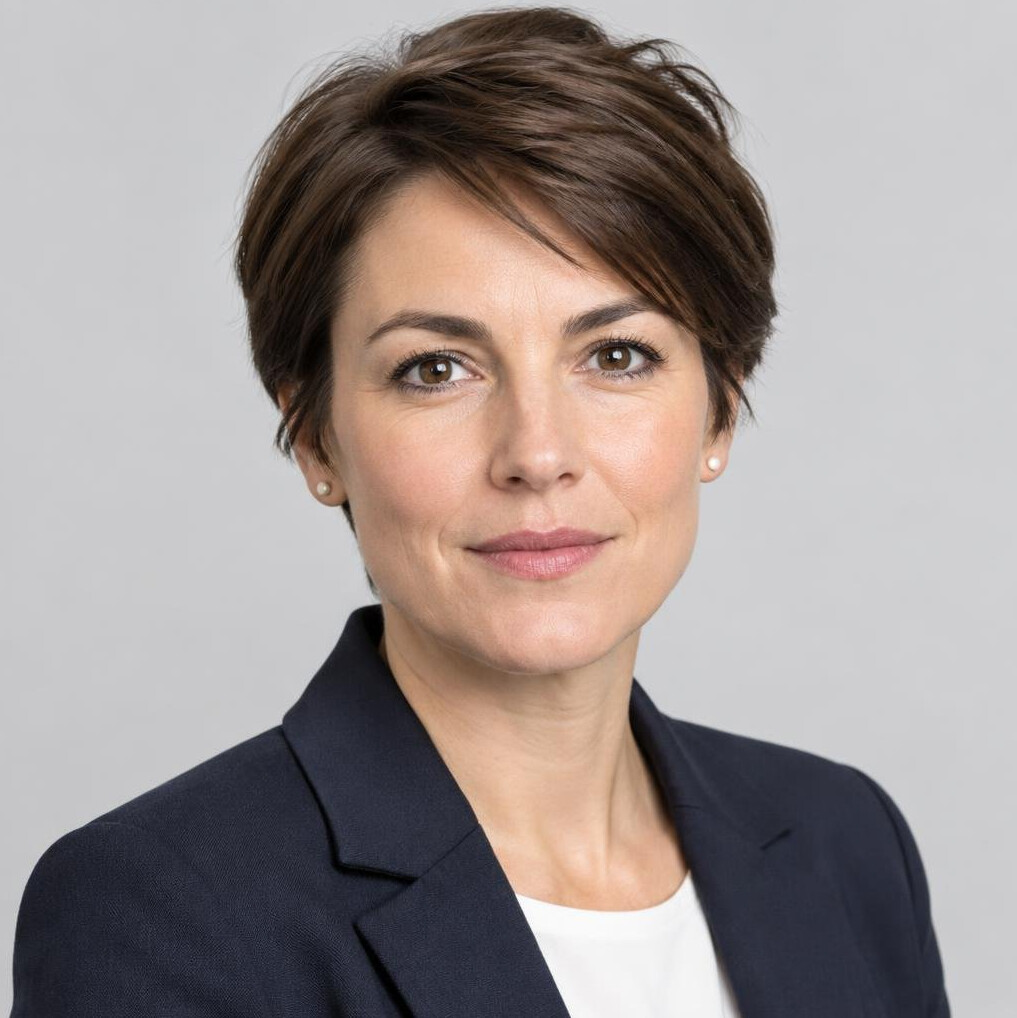Studio portrait of a Swiss woman journalist with short brown hair