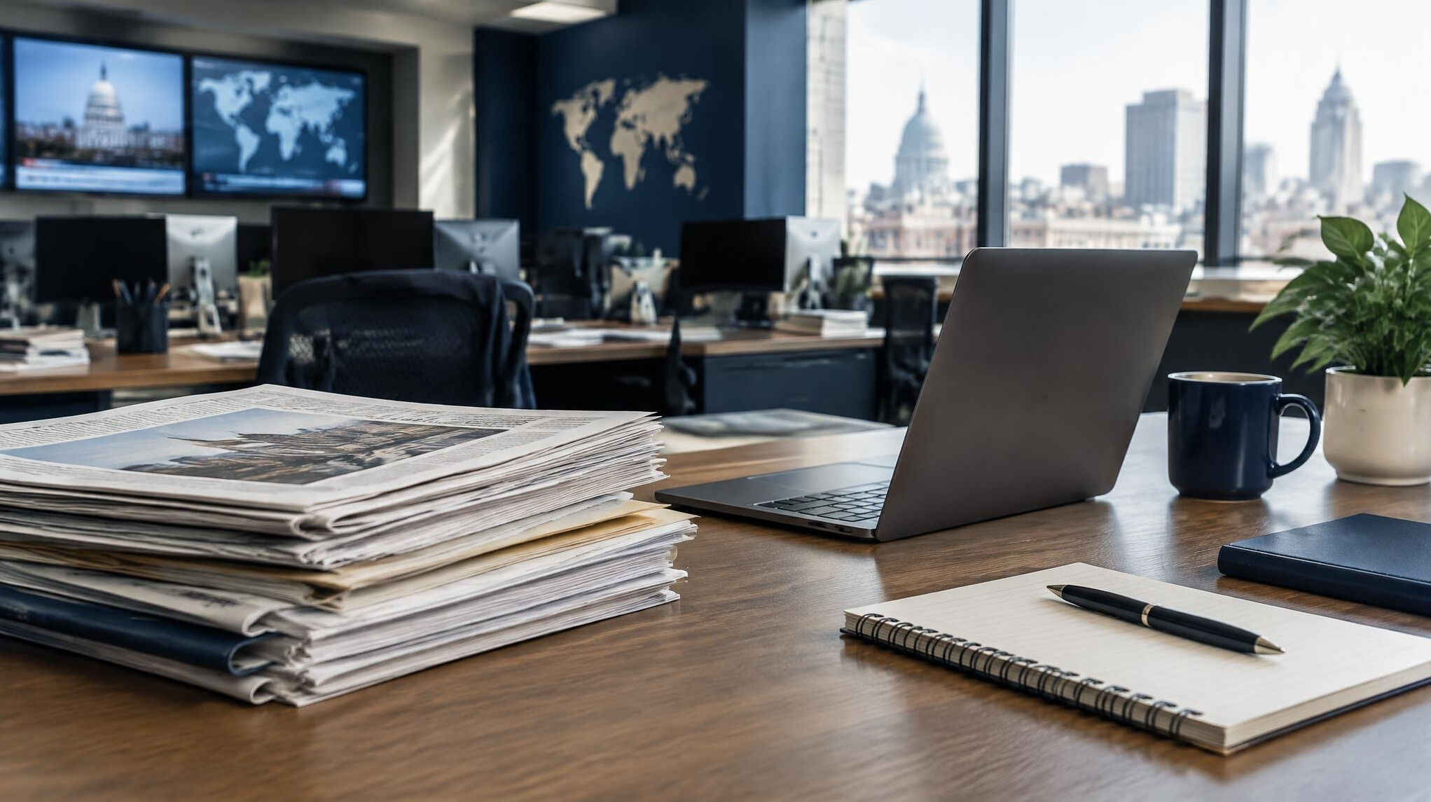 Journalist working at a desk with documents and a laptop in a newsroom