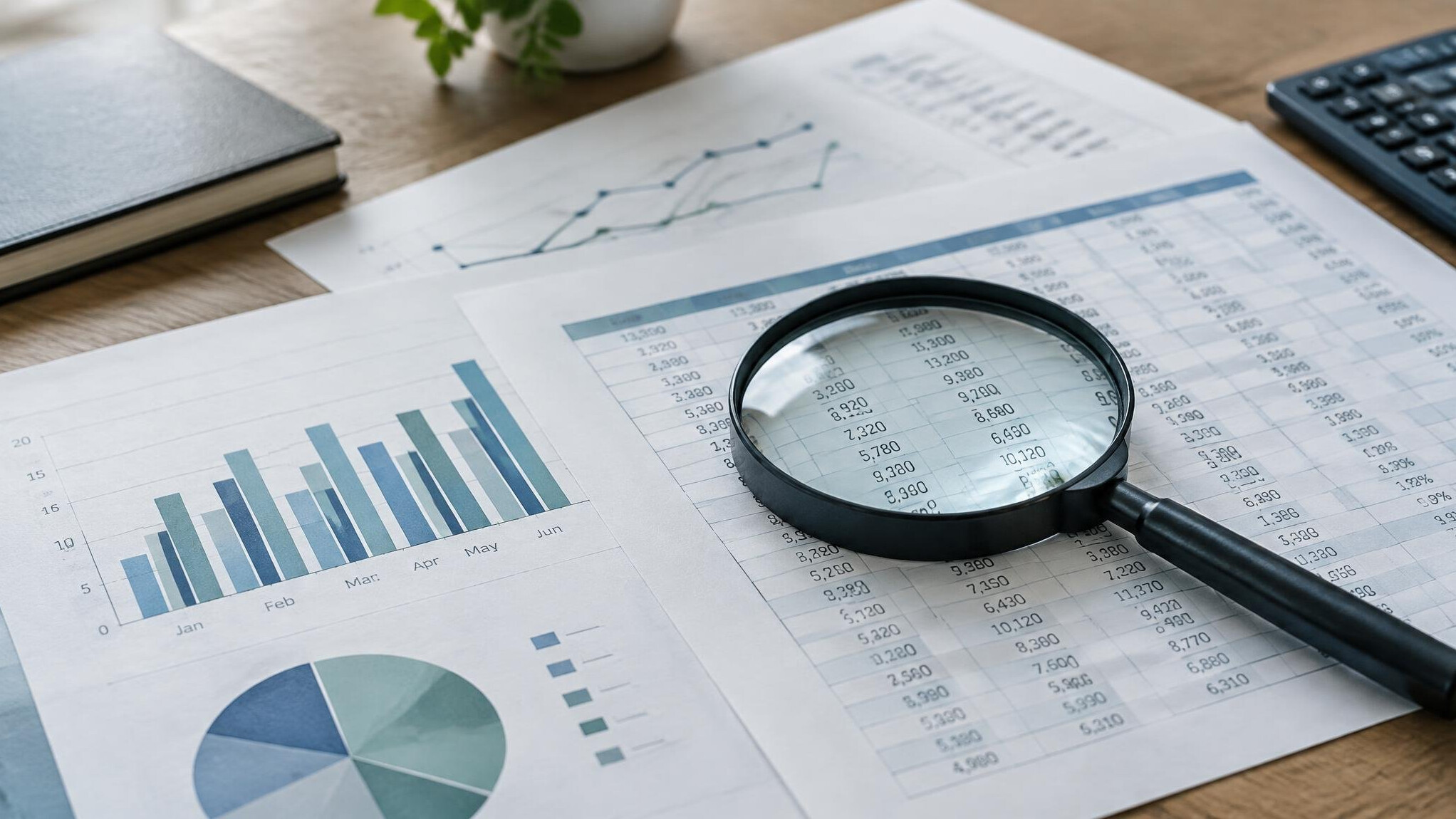 Close-up of financial documents and printed reports being reviewed