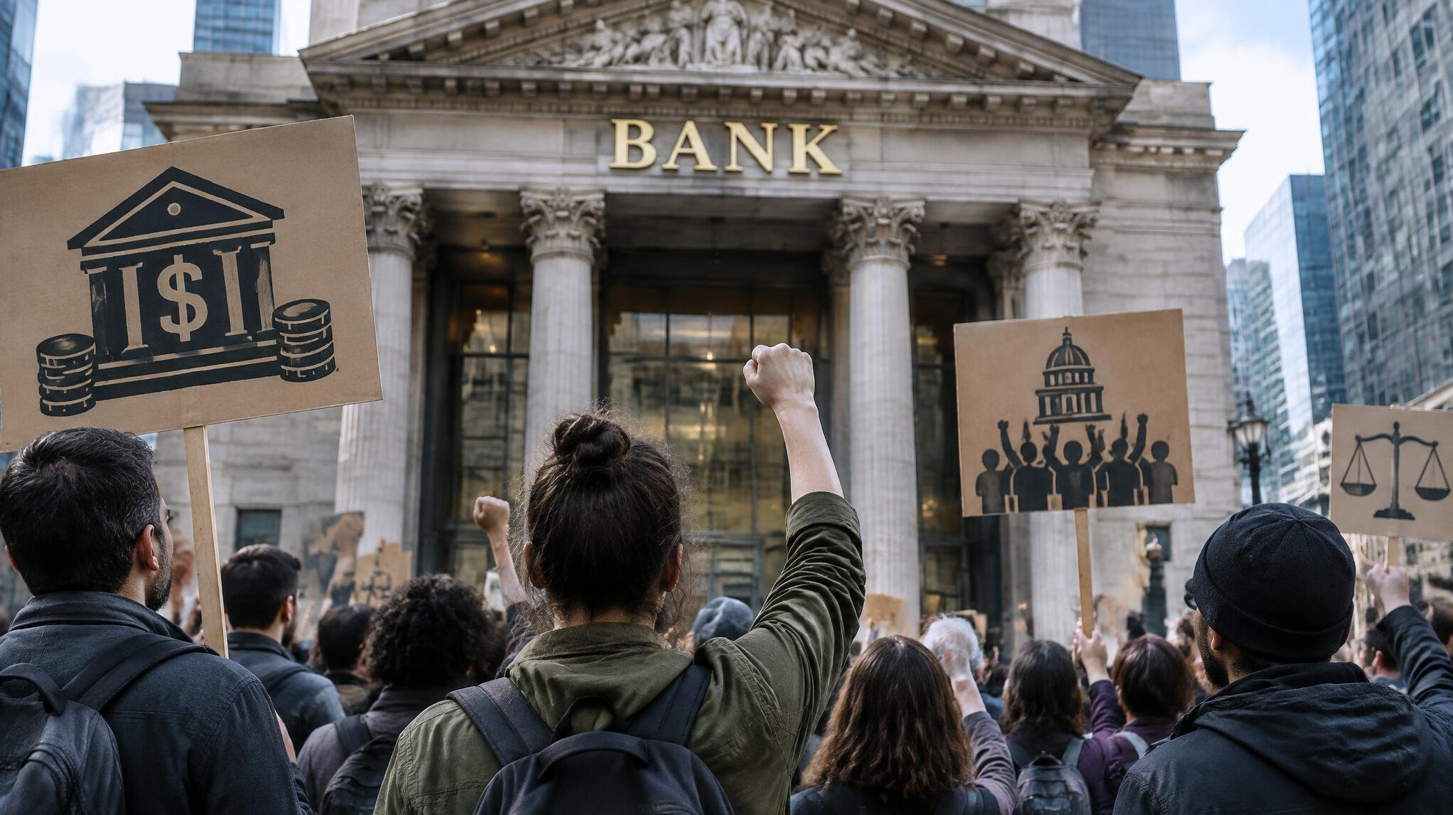 bank building with protest