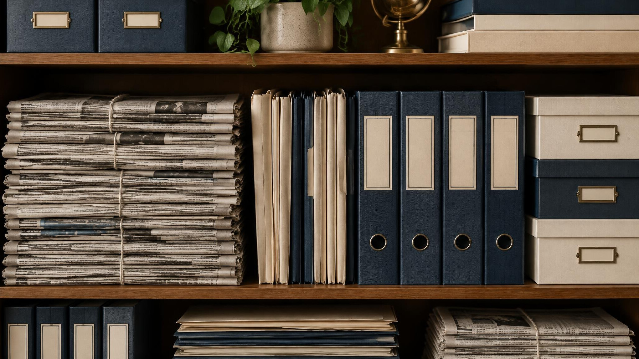 Stack of archived newspapers and folders on a shelf